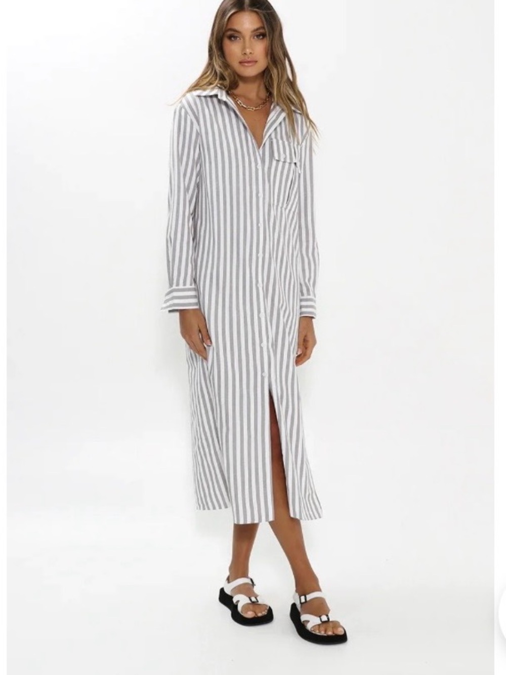 NWT Madison the Label Jadana Shirt Dress – Grey Stripe | Size Small